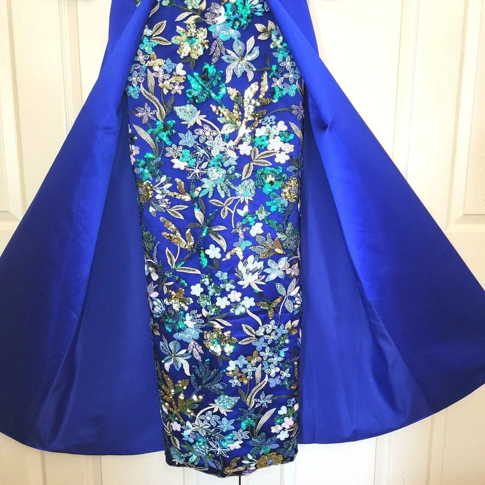 Glamora Royal Blue Satin Sheath Embroidered Sequin Gown Portrait Collar Train 8 - Picture 4 of 16